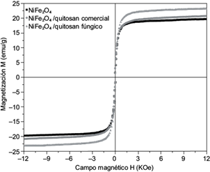Curvas de histéresis magnética de las muestras de
										NiFe2O4 sin o con quitosán comercial o
									fúngico