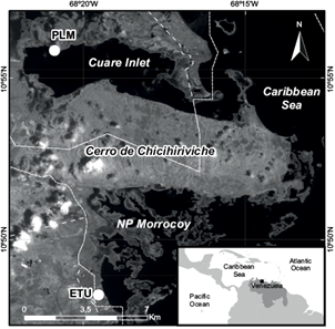 Morrocoy National Park and Cuare Inlet, Venezuela. Venezuelan Remote
							Sensing Satellite (VRSS-1) image, April 2012