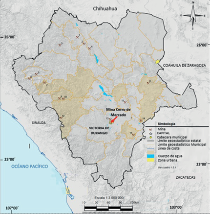 Ubicaci&oacute;n de la mina Cerro de Mercado (24&deg; 03&rsquo; 24&rdquo; N y 104&deg; 40&rsquo;
								12&rdquo; W) (INEGI, 2017)