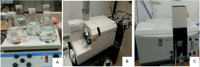(a) Extracci&oacute;n, (b) equipo de espectrometr&iacute;a de masas con plasma
								acoplado inductivamente utilizado y (c) equipo de absorci&oacute;n
								at&oacute;mica