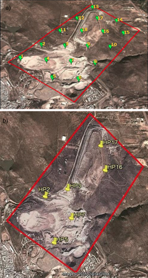 Ubicación de muestreos de (a) Barraza (2015), (b) González (2016). Nota: HP son puntos de muestreo, siglas
que corresponden a Hidalgo del Parral.