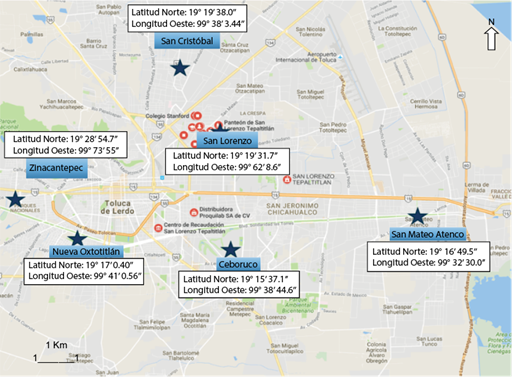 Ubicación de los seis sitios de muestreo en la Zona Metropolitana
del Valle de Toluca. (Fuente: Elaboración propia utilizando Google
Maps e información de la SEMARNAT).
