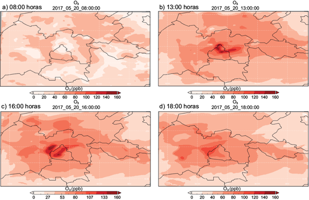 Distribución espacial de las concentraciones de O3 (en ppb) obtenidas a partir del INEM-2013 actualizado (20 de mayo de 2017). (a) 08:00, (b) 13:00, (c) 16:00 y (d) 18:00 horas.