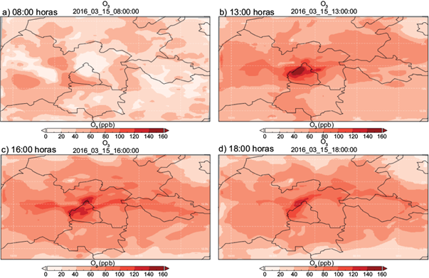Distribución espacial de las concentraciones de O3 (en ppb) obtenidas a partir del INEM-2013 actualizado (15 de marzo de 2016. (a) 08:00, (b) 13:00, (c) 16:00 y (d) 18:00 horas.