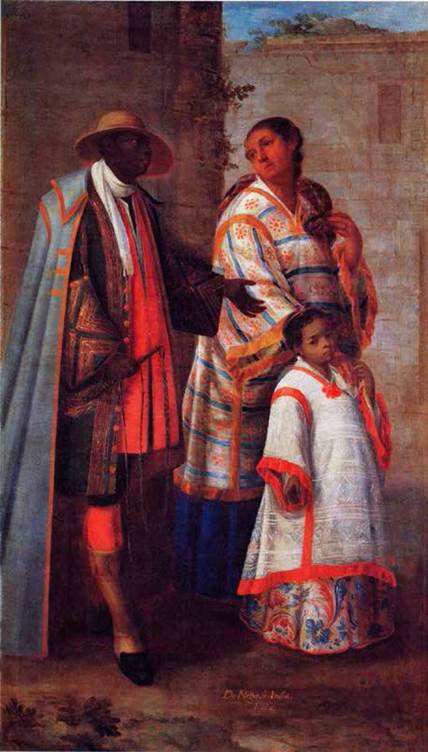 Cuadro de castas. De negro e india, lobo, c. 1725. Fuente: Katzew, Ilona (2004). Atribuido a José Ibarra, De negro e india, lobo, c. 1725, óleo sobre lienzo, 164 x 91 cm. Colección particular, España.