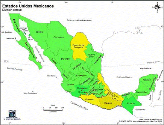 Lugares en México asociados a lo aíro. Fuente: INEGI, 2005, modificado por la autora para los fines de la investigación, 2017.