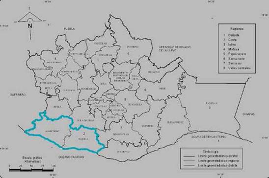 Distritos de Santiago Jamiltepec y Santa Catarina Juquila en el estado de Oaxaca. Fuente: División geoestadística municipal (Regiones y distritos), en Anuario Estadístico Oaxaca, Edición 2010. Instituto Nacional de Estadística y Geografía