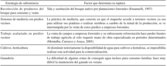 Estrategias de subsistencias utilizadas por los mapuches luego de ser desplazados a las reservas ind&iacute;genas, y los factores que dificultaron el &eacute;xito de estas. Fuente: elaboraci&oacute;n propia.