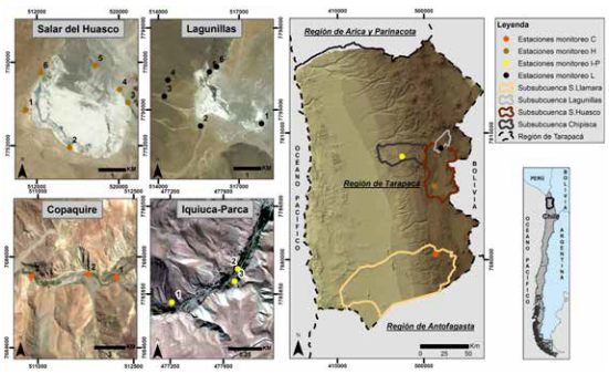Mapa de los sitios de estudio seleccionados para el observatorio.