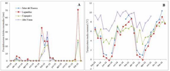 Fluctuaciones en la precipitación total mensual (A) y en la media mensual de las temperaturas medias diarias (B) entre febrero 2014 y febrero 2016 registradas en las cuatro estaciones meteorológicas que forman parte del observatorio.