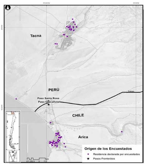 Espacios de an&aacute;lisis de dos ciudades fronterizas Tacna y Arica y lugar de residencial de los encuestados. Fuente. Autoras a partir de google earth, 2016 y encuestas, julio 2015.