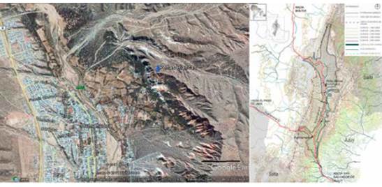Ubicación de Peñas Blancas en Jujuy, Argentina. Izquierda: Ubicación sobre imagen de Google Earth. Derecha: Ubicación del sitio en la Quebrada de Humahuaca, Jujuy, Argentina (a partir de Tommei 2016).