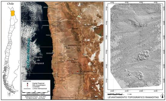 Mapa de la región Norte de Chile con detalle del sitio de Ramaditas en la Pampa del Tamarngal.