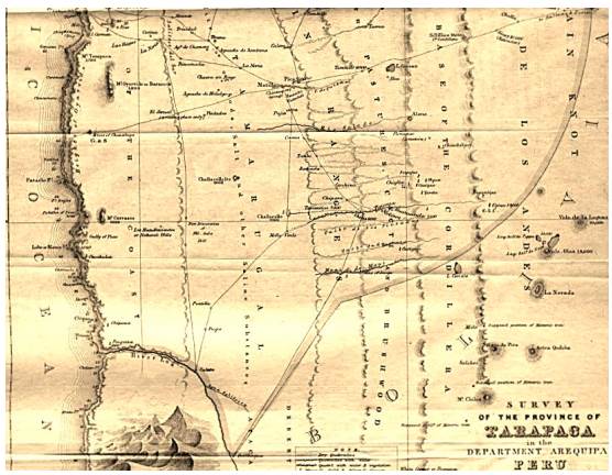 Sector Monte Soledad del mapa de Smith y Bollaert que muestra área de bosques de tamarngos (Smith y Bollaert 1860).