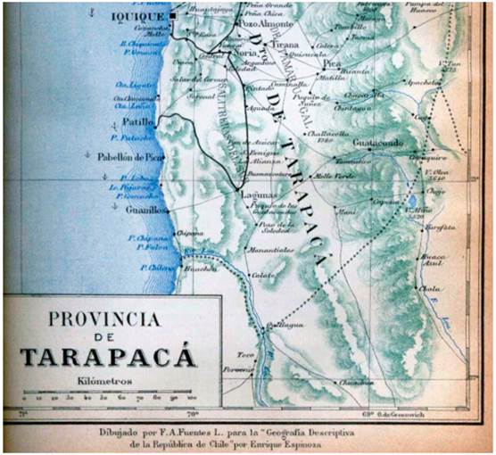 Sector Monte Soledad, Monte Verde, Challacollo que muestra bosques de tamarugos según mapa de F.A. Fuentes (Espinoza 1897).