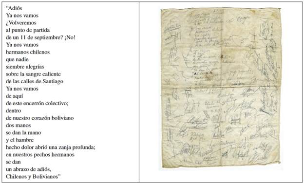 POEMA &ldquo;ADIOS&rdquo;. Pa&ntilde;uelo de tela en el que Luciano Dur&aacute;n, boliviano, escribi&oacute; el poema &ldquo;Adi&oacute;s&rdquo;, y alrededor de este firmaron los 80 prisioneros del camar&iacute;n n&uacute;mero tres del Estadio Nacional (Biblioteca digital. Museo de la Memoria).