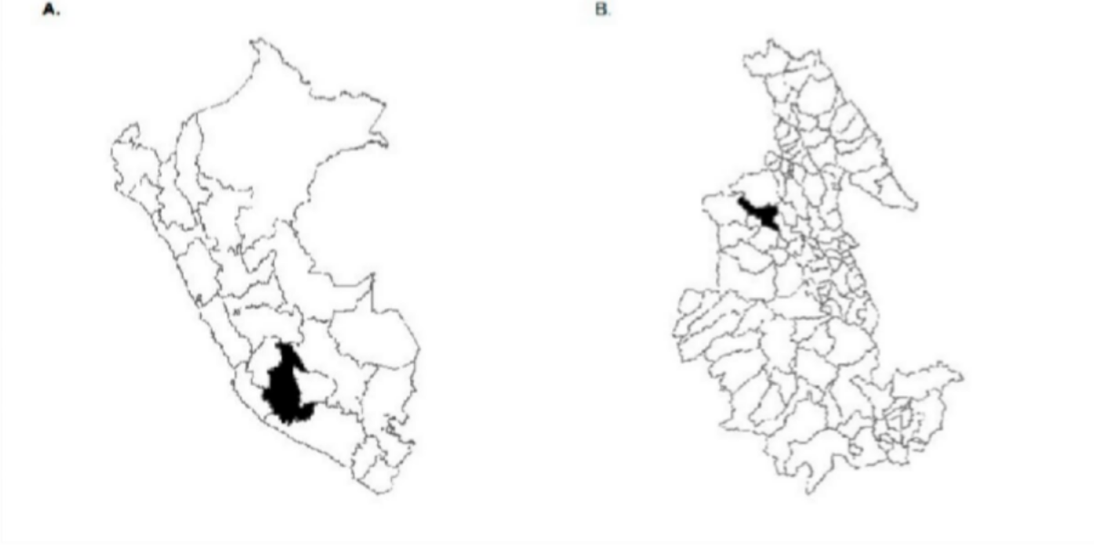 A) Ubicaci�n geogr�fica de la regi�n de Ayacucho, Per�. B) Ubicaci�n del distrito de Chuschi.