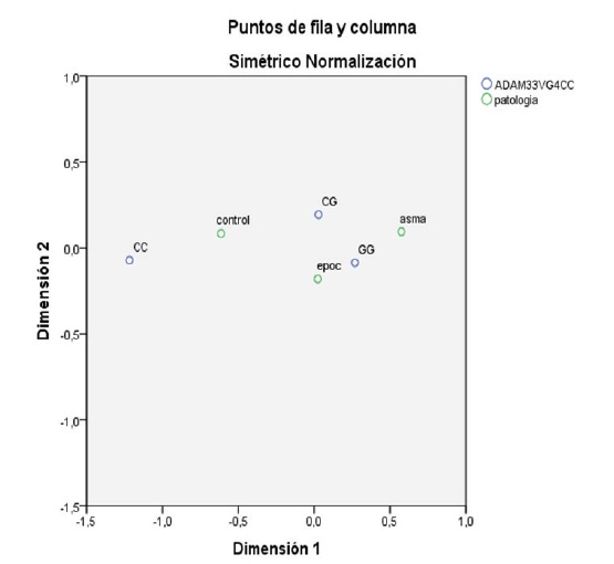 An&aacute;lisis de correspondencia entre patolog&iacute;a (asma o EPOC) y frecuencia gen&eacute;tica de V4.