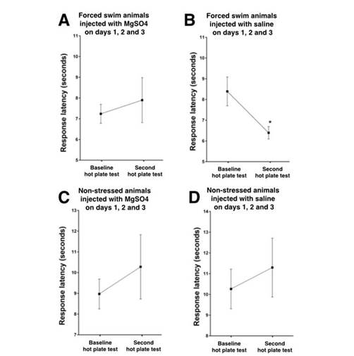 MgSO4 prevents the development of forcedswim stress-induced thermal hyperalgesia in the preemptive scheme. For all four panels: on the ordinate, response latency, in seconds, from the start of the test until the manifestation of pain-associated behavior; on the abscissa, baseline and second hot plate tests (respectively, day 1 and day 4 of the experimental design). Results shown as mean +/- SD. No statistically significant differences were observed between the two measurements in panels A, C, or D. On panel B: *= statistically significant difference between the baseline and second hot plate test (Student´s t test, p=0.0219).