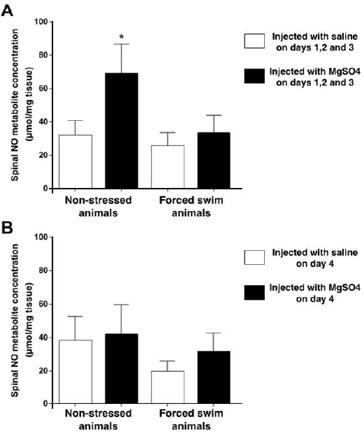 Concentration of NO metabolites in the lumbar spinal cord. For both panels: on the ordinate, spinal NO metabolite concentration in μmol/mg of tissue; on the abscissa, experimental groups. Results shown as mean +/- SD. Panel A, preemptive scheme. *= statistically significant difference when compared to the other three groups (one-way ANOVA followed by Tukey´s multiple comparison test, p=0,012). Panel B, therapeutic scheme. No statistically significant differences between groups were observed in this scheme.