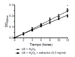 Los extractos de quinoa, amaranto y ch&iacute;a protegen a las c&eacute;lulas de S. aureus en cultivo del estr&eacute;s oxidativo. La figura muestra el crecimiento de Staphylococcus aureus en un medio de cultivo enriquecido con los extractos de quinoa, amaranto y ch&iacute;a sometido a un agente oxidante. Los datos que se muestran son representativos de los resultados obtenidos y se presentan en forma de crecimiento del microorganismo como absorbancia a 600 nm en el tiempo (media &plusmn; error est&aacute;ndar de la media, n=3, en triplicado). El an&aacute;lisis estad&iacute;stico se realiz&oacute; a trav&eacute;s de un an&aacute;lisis bidireccional de la varianza (ANOVA) seguido de un post-test de Bonferroni. El valor de P < 0,05: *Significativamente diferente comparado con el control a las 12 horas. Para la presentaci&oacute;n gr&aacute;fica de los resultados se utiliz&oacute; el programa GraphPad Prism 5. 