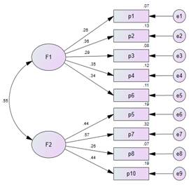 Distribución de las preguntas que ingresaron a los dos factores de la Escala KNOW-P-COVID-19.