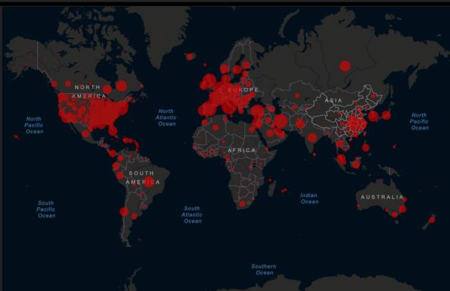 Mapa interactivo de casos globales por COVID-19. Fuente: Johns Hopkins Center for Systems Science and Engineering. 