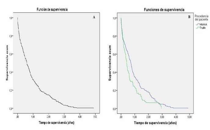 Kaplan-Meier de Supervivencia
global (A) y seg&uacute;n procedencia (B) de los pacientes con diagn&oacute;stico de
Leucemias Agudas en los Hospitales Nacional Almanzor Aguinaga (HNAAA) y V&iacute;ctor
Lazarte Echegaray de EsSalud (HVL)