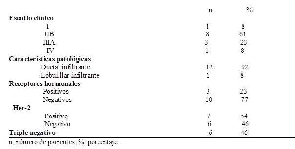 Caracter&iacute;sticas
cl&iacute;nico-patol&oacute;gicas de 13 pacientes menores de 30 a&ntilde;os con c&aacute;ncer de mama.