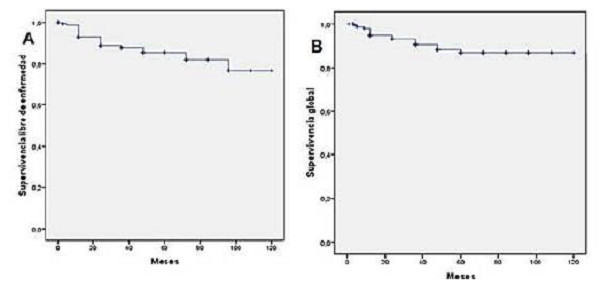 Curva de Kaplan-Meier. A. Supervivencia libre de enfermedad. B. Supervivencia global