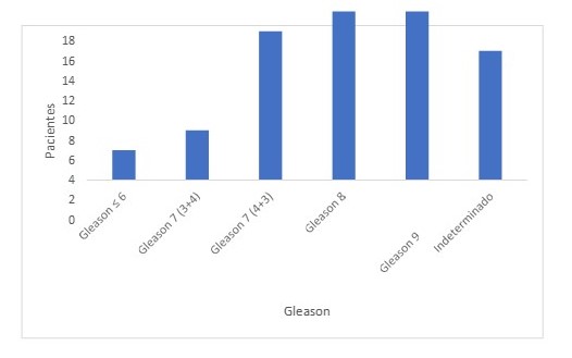Distribucin de pacientes con ADC de prstata metastsico o en recada segn el Gleason.