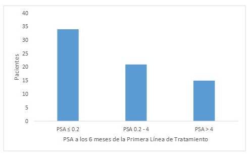 Distribucin de pacientes con ADC de prstata metastsico o en recada segn valores del PSA 6 meses despus del inicio de la primera lnea de tratamiento.