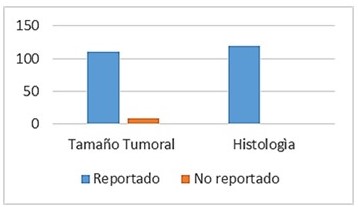 Reporte segn la anatoma patolgica: tamao tumoral e histologa.