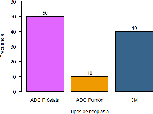 Tipos de neoplasias diagnosticadas a través de biopsia de MO realizada a pacientes con tumores sólidos con enfermedad metastásica ósea de primario no conocido.