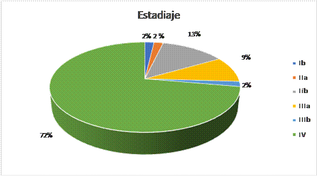 Distribuci�n seg�n estadiaje de los pacientes con Adenocarcinoma de pulm�n tratados con Pemetrexed y macrocitosis eritroide.