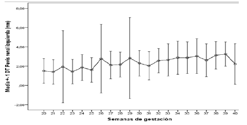 Relación entre el diámetro anteroposterior de la pelvis renal izquierda
y la edad gestacional.