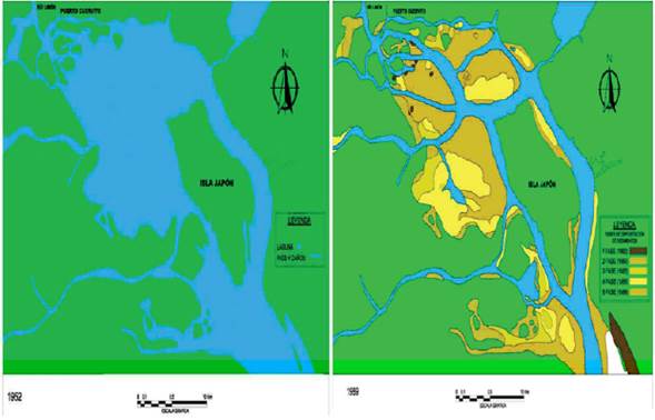 Evoluci&oacute;n morfol&oacute;gica y disminuci&oacute;n del espejo de agua de la laguna de Sinamaica, desde 1952 hasta 1988.