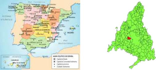 A la Izquierda el mapa pol�tico de Espa�a y sus provincias. A la derecha la ubicaci�n Geogr�fica de Majadahonda, en la provincia de Madrid.