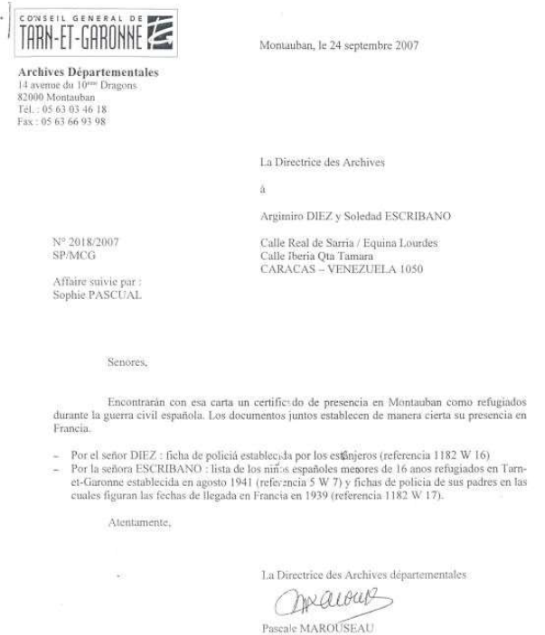 Certificado de presencia expedido por la Direcci�n de Archivos de Montauban, Francia como refugiados durante la guerra civil espa�ola.