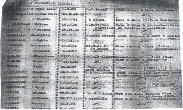 Lista nominativa de infantes espa�oles menores de 16 a�os, donde aparecen los nombres de los hermanos Escribano en la fecha cuando ingresaron al centro de acogida en la Comune de Montouban, Departament de Tarn- Et-Garonne, Francia.