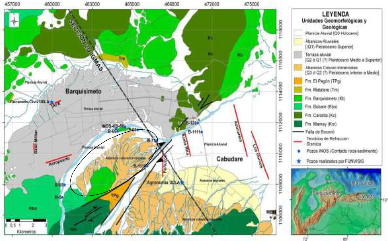 Mapa de unidades geomorfol�gicas y geol�gicas de las ciudades de Barquisimeto y Cabudare: Modificado de Betchtold (2004) FUNVISIS, Caracas. (El �valo representa el �rea de estudio).