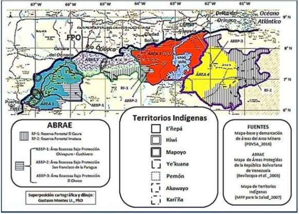 Superposicin del AMO a ABRAE’s y a territorios indgenas. Tomado de  Arco Minero del Orinoco vulnera fuentes vitales y diversidad cultural en Venezuela  por M. Cano, 2016, p. 18.