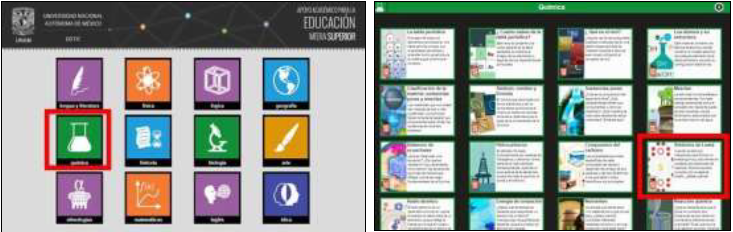 Interfaz gr�fica de la p�gina web interactiva. De izquierda a derecha, seleccionado en color rojo, el apartado de Qu�mica y el despliegue de contenidos, siendo el de S�mbolo de Lewis el usado para esta investigaci�n.