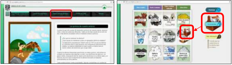 Interfaz gr�fica de la p�gina web interactiva. De izquierda a derecha seleccionado en color rojo, el apartado de Clasifica por tipo de enlace y el despliegue de la actividad, con el uso de la caja de herramientas para conocer las propiedades de las distintas sustancias a estudiar.