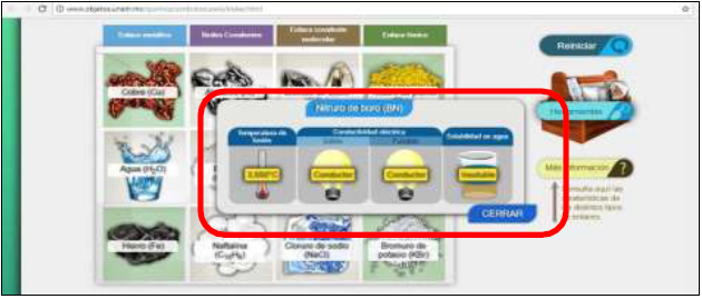 Interfaz gr�fica de la p�gina web interactiva. En el recuadro rojo aparecen las propiedades de las sustancias estudiadas como: temperatura de fusi�n, conductividad en estado s�lido y fundido y, solubilidad en agua.