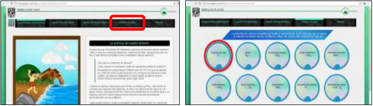 Interfaz gr�fica de la p�gina web interactiva. De izquierda a derecha seleccionado en color rojo, el apartado de S�mbolo de Lewis y el despliegue de la actividad, con las distintas mol�culas a analizar (12 mol�culas en total).