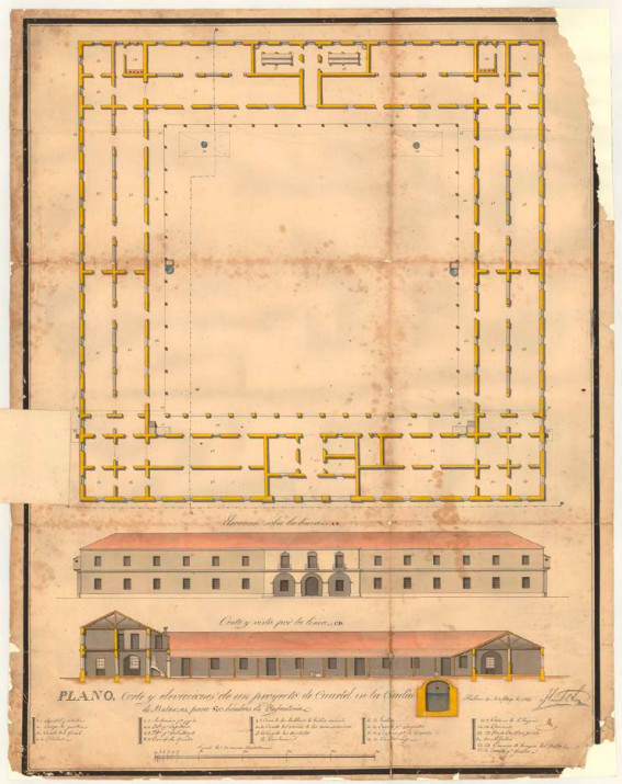 Archivo General Militar de Madrid, Cartoteca, CUB-81/05, Plano. Corte y Elevaciones de un proyecto de Cuartel en la Ciudad de Matanzas. Manuel Ubiña.