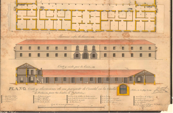 General Militar de Madrid, Cartoteca, CUB-81/05, Plano. Corte y Elevaciones de un proyecto de Cuartel en la Ciudad de Matanzas. Manuel Ubiña. Detalle.