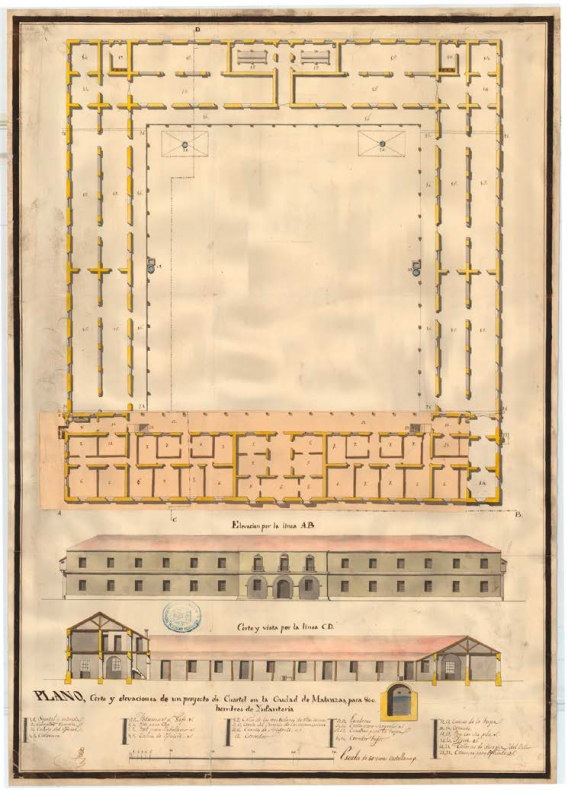 Archivo General Militar de Madrid, Cartoteca, CUB-156/14, Plano. Corte y Elevaciones de un proyecto de Cuartel en la Ciudad de Matanzas.