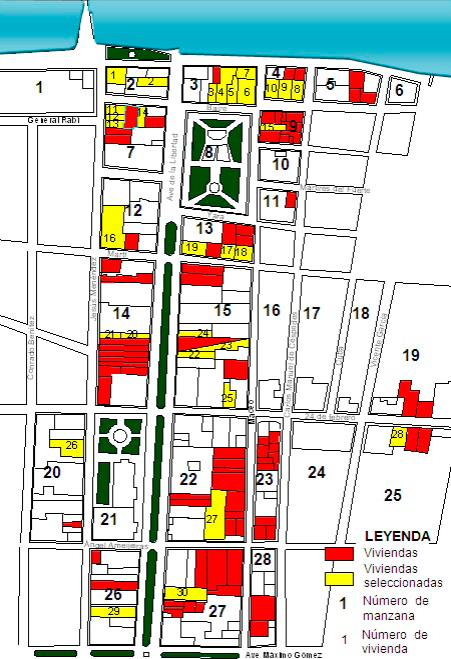 Plano del Centro Histórico de Puerto Padre. Selección de la muestra. Fuente: Autoras